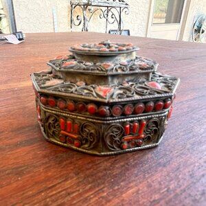 Folk Art Tibet Nepal Silver Brass Filigree Coral Inlaid Hexagon Jewelry Box